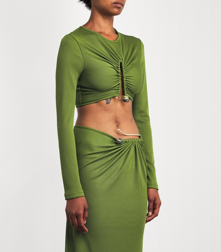 Green Pin-Gathered Crop Top