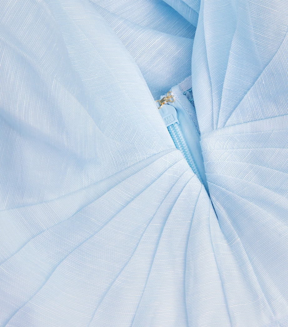 Blue Linen-Silk Plunge-Neck Mini Dress