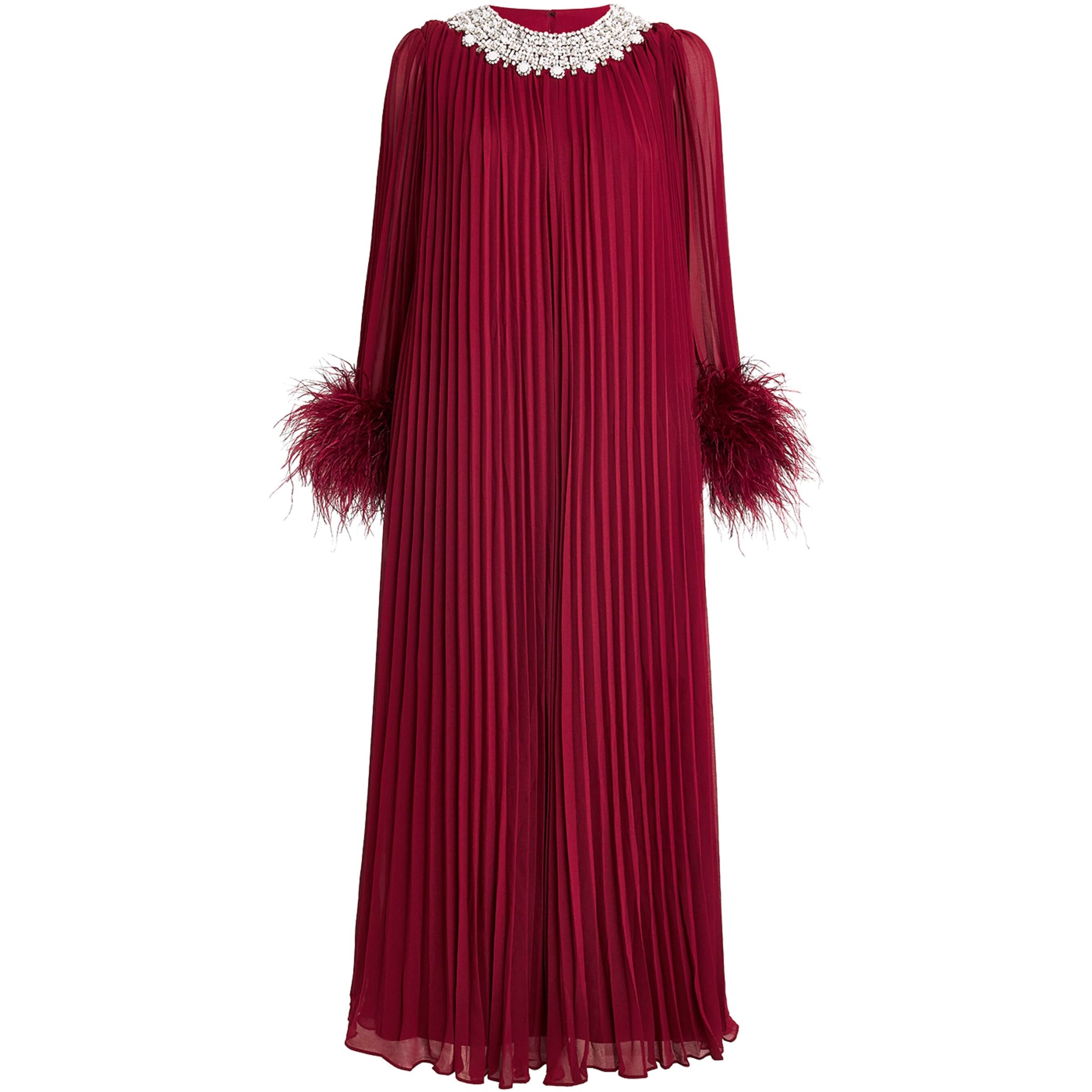 Self-Portrait Burgundy Ostrich Feather-Trim Maxi Dress