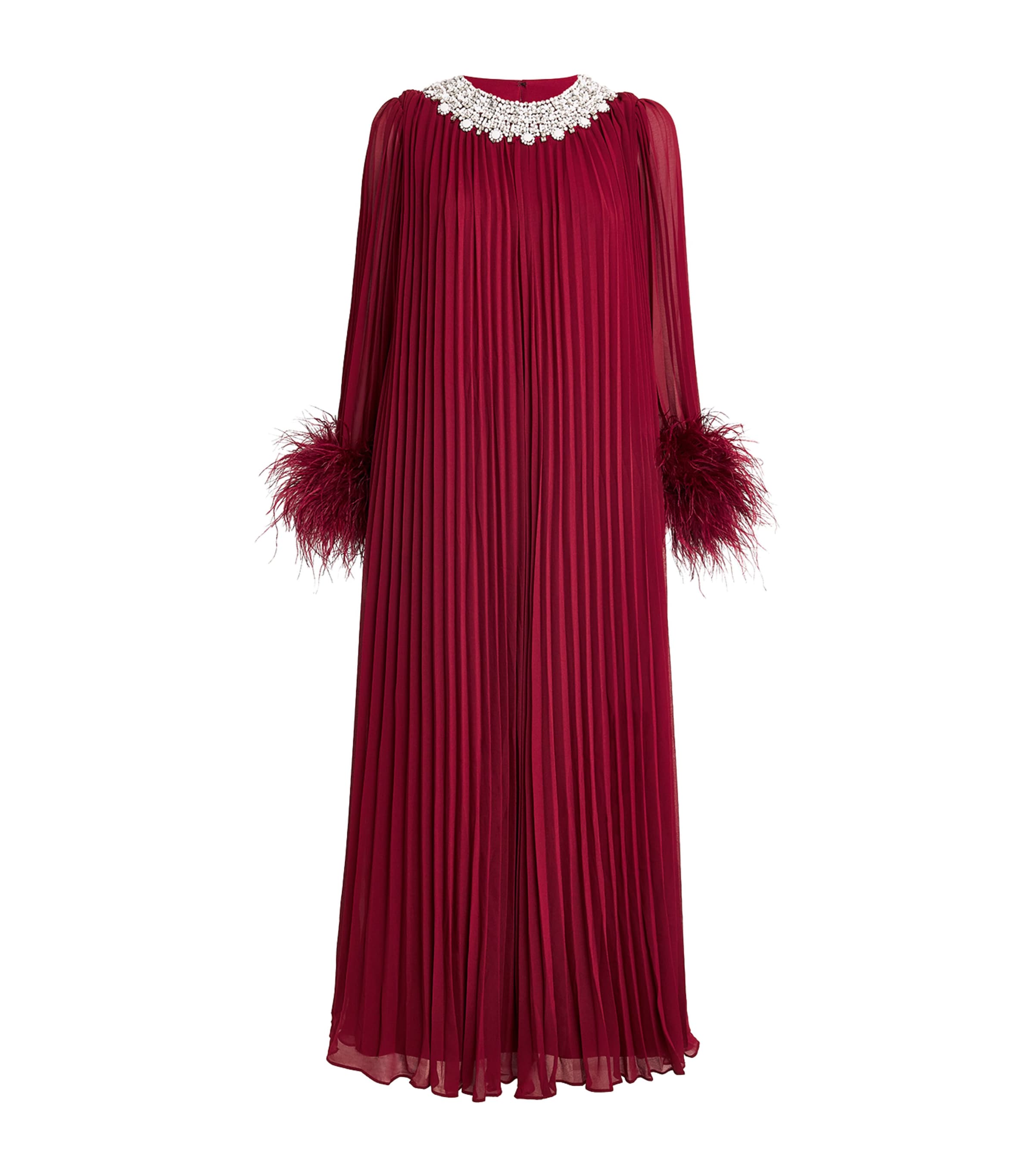 Self-Portrait Burgundy Ostrich Feather-Trim Maxi Dress