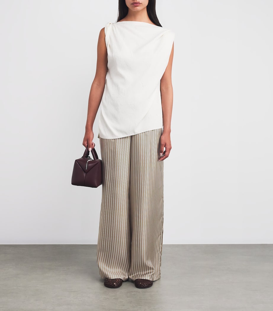 Max Mara Beige Silk Stripe Wide-Leg Trousers