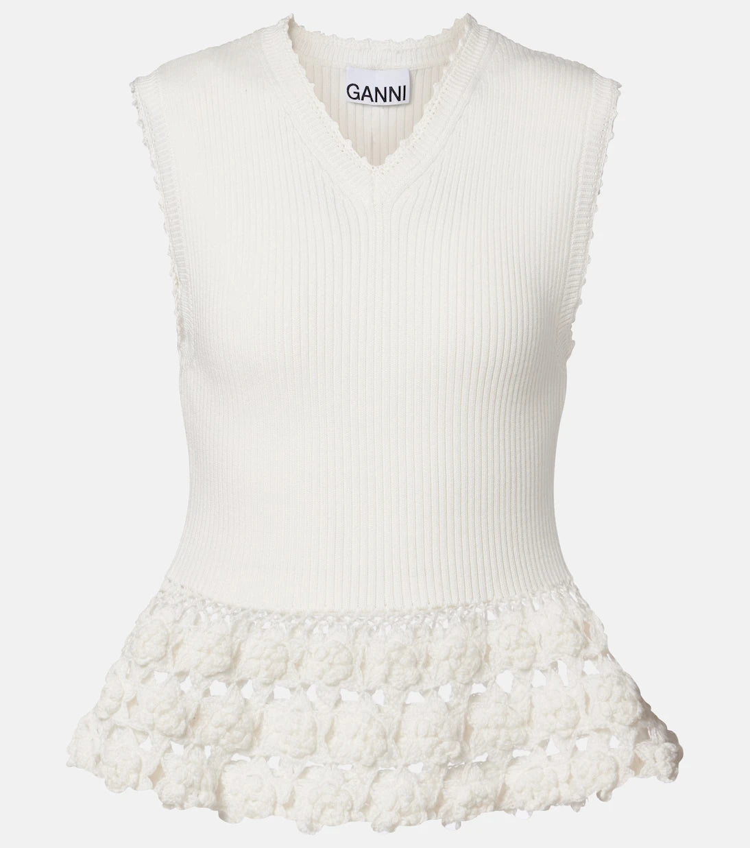 Ganni - Crochet-trimmed ribbed cotton-blend top