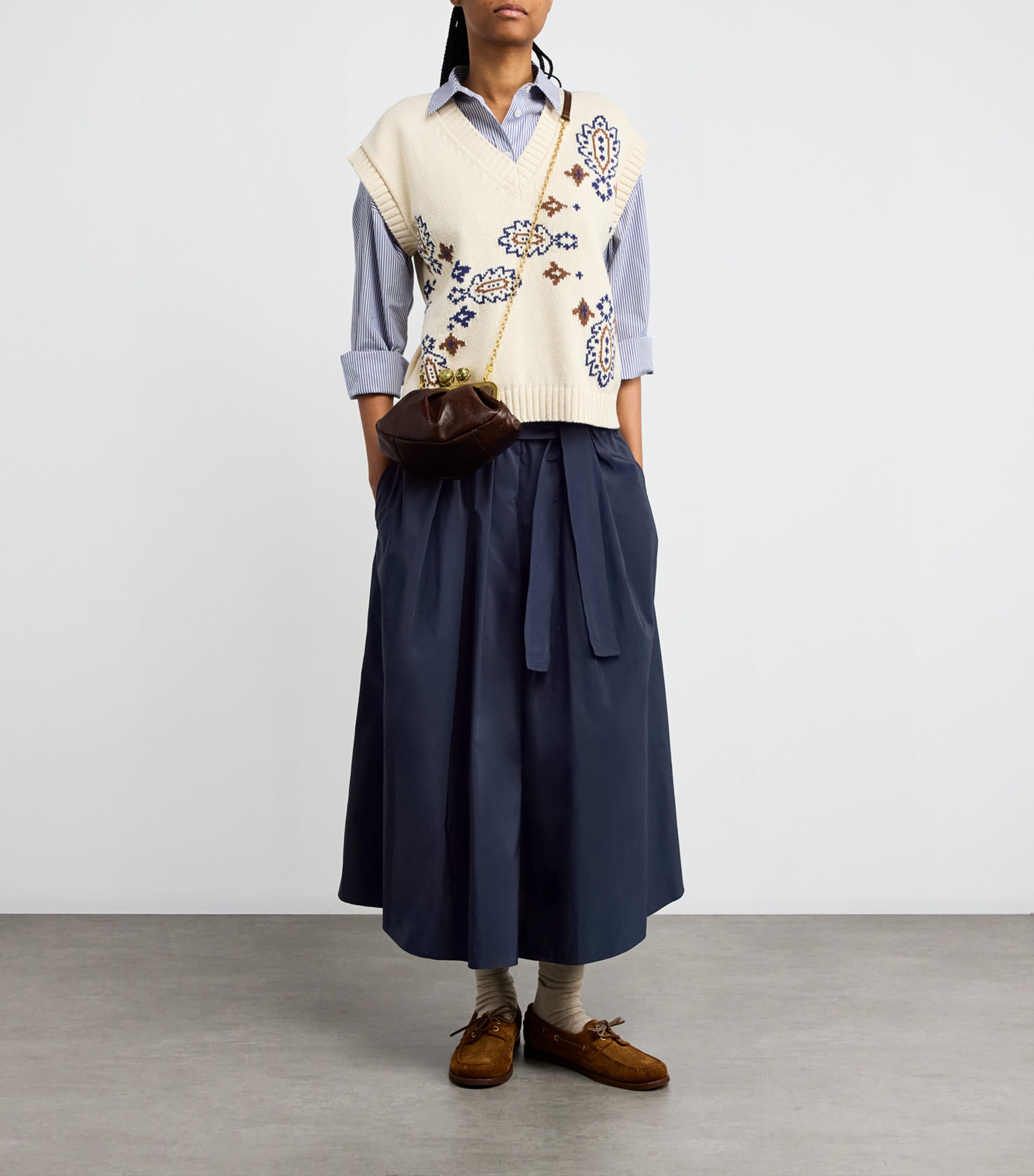 Blue Taffeta Tie-Belt Midi Skirt