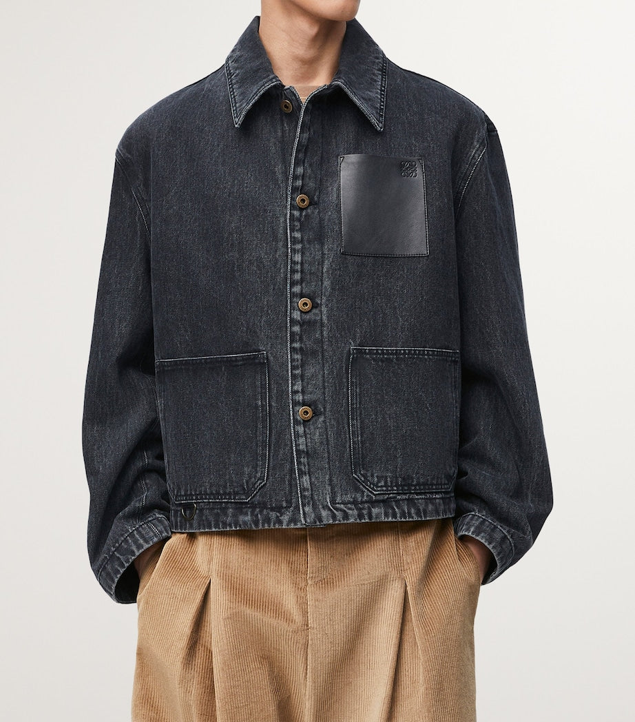 LOEWE Black Leather-Trim Denim Jacket