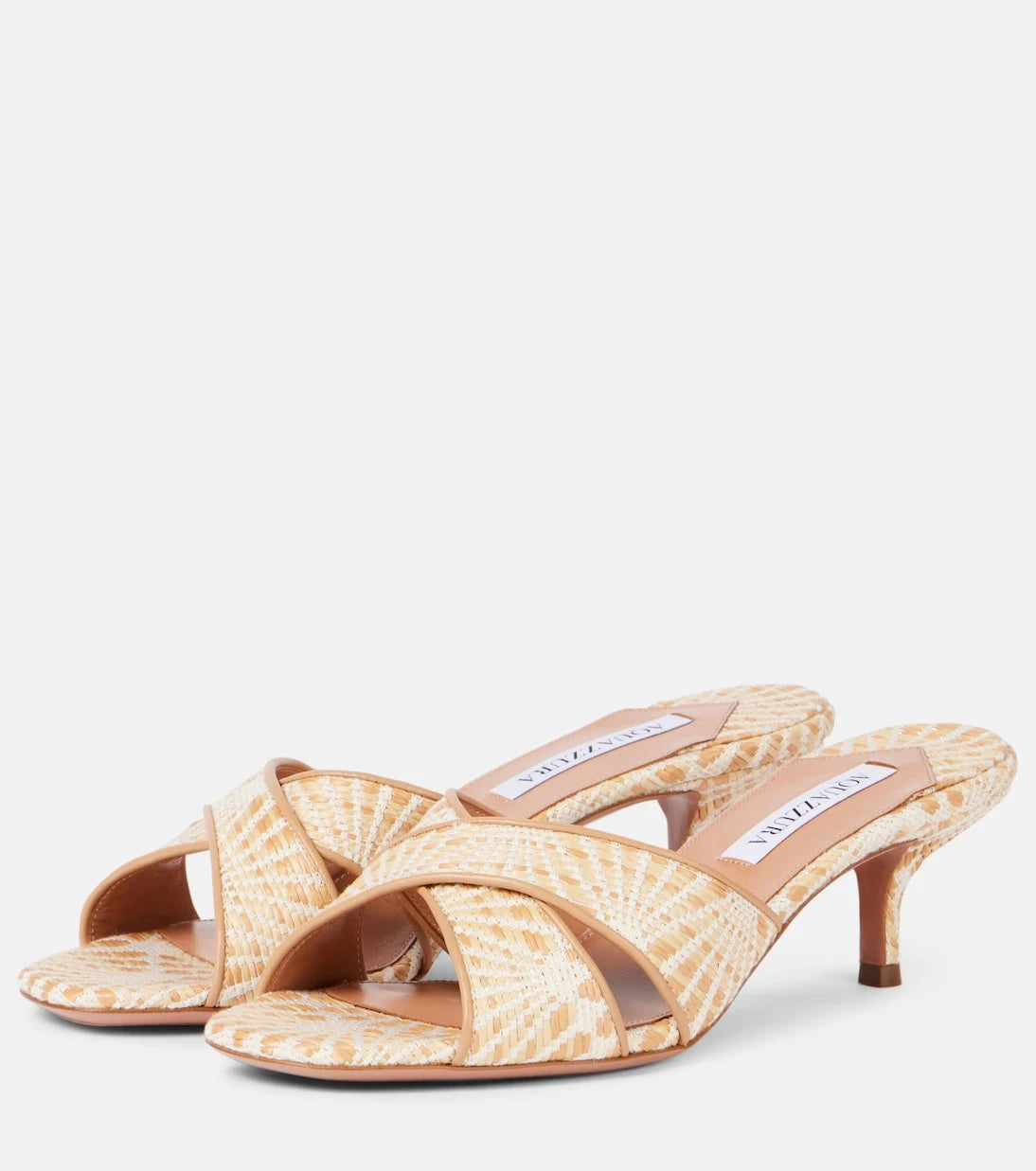 Aquazzura - Divine 50 leather-trimmed raffia mules