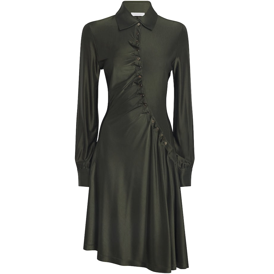 Paco Rabanne Green Asymmetric Ruched Mini Shirt Dress