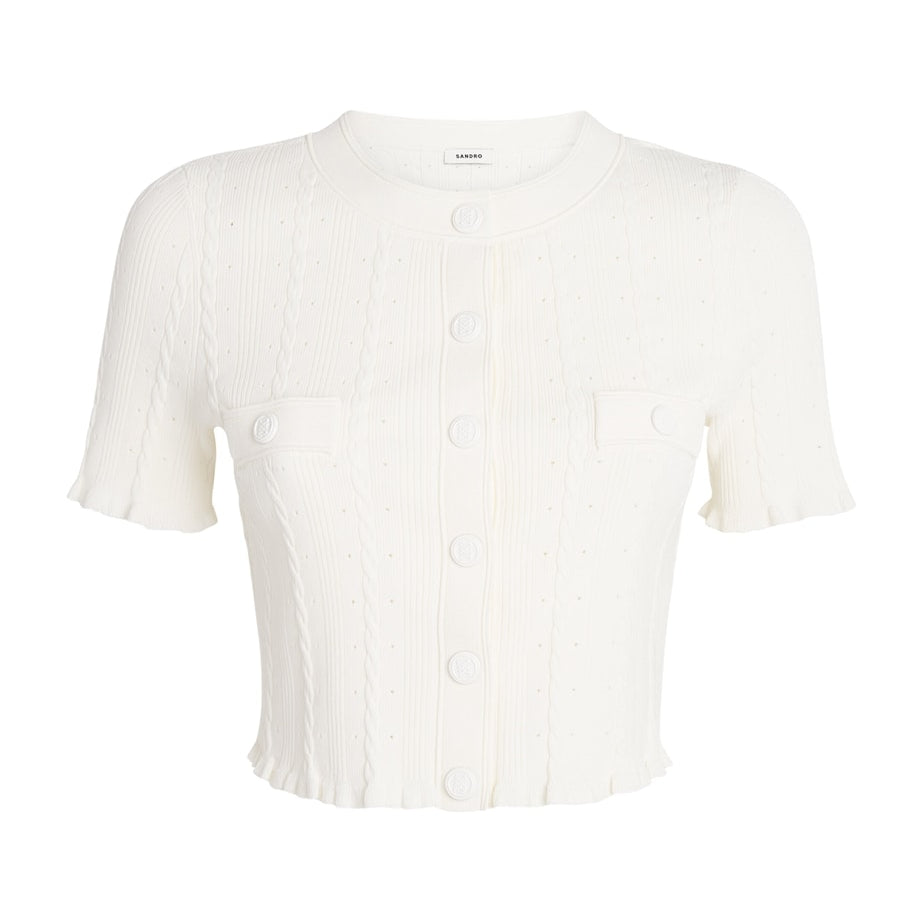 Sandro Paris Beige Cable-Knit Cropped Cardigan