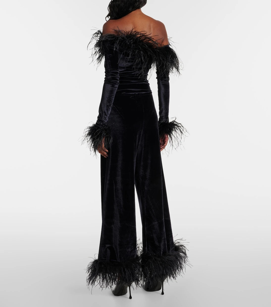 Oséree - Feather-trimmed velvet wide-leg pants