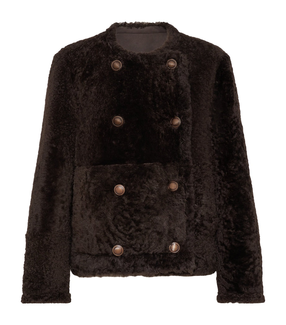 Brunello Cucinelli Brown Shearling-Leather Reversible Pea Coat