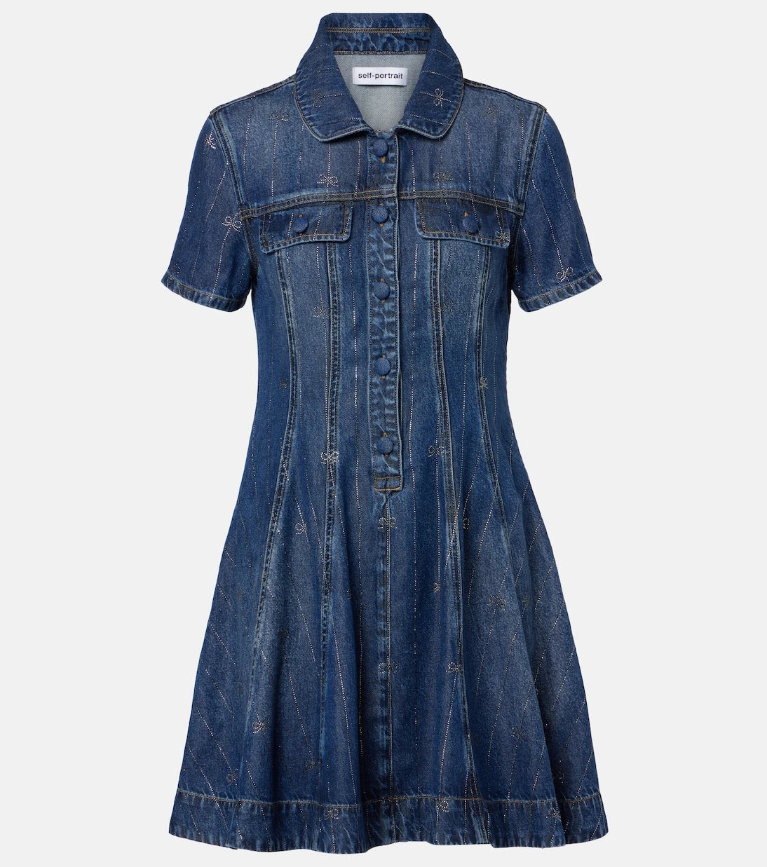Self-Portrait - Embellished pleated denim minidress