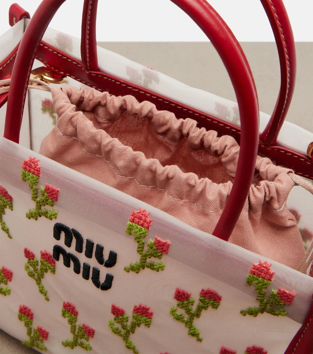 Miu Miu - Embroidered leather-trimmed mesh top-handle bag