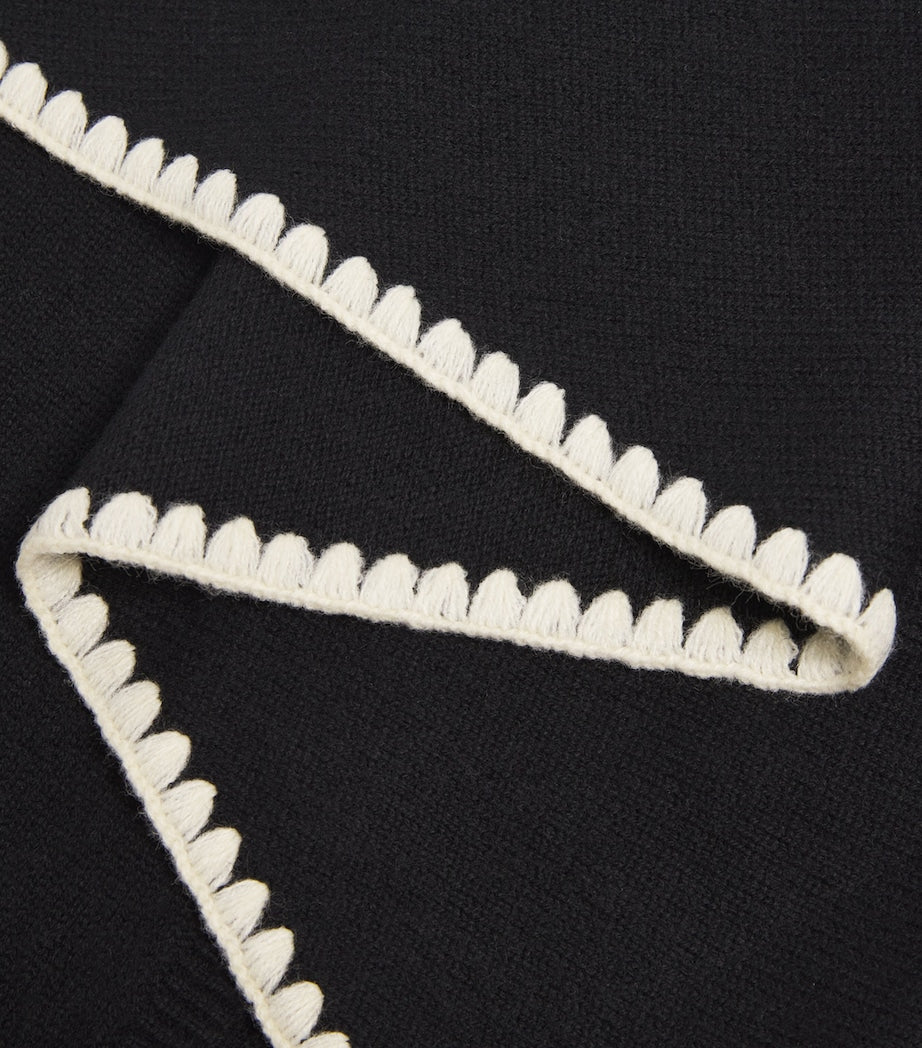 Black Wool-Cashmere Embroidered Scarf