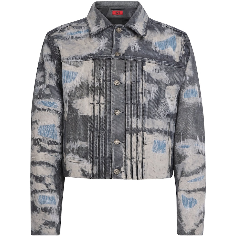 Blue Denim-Effect Trucker Leather Jacket