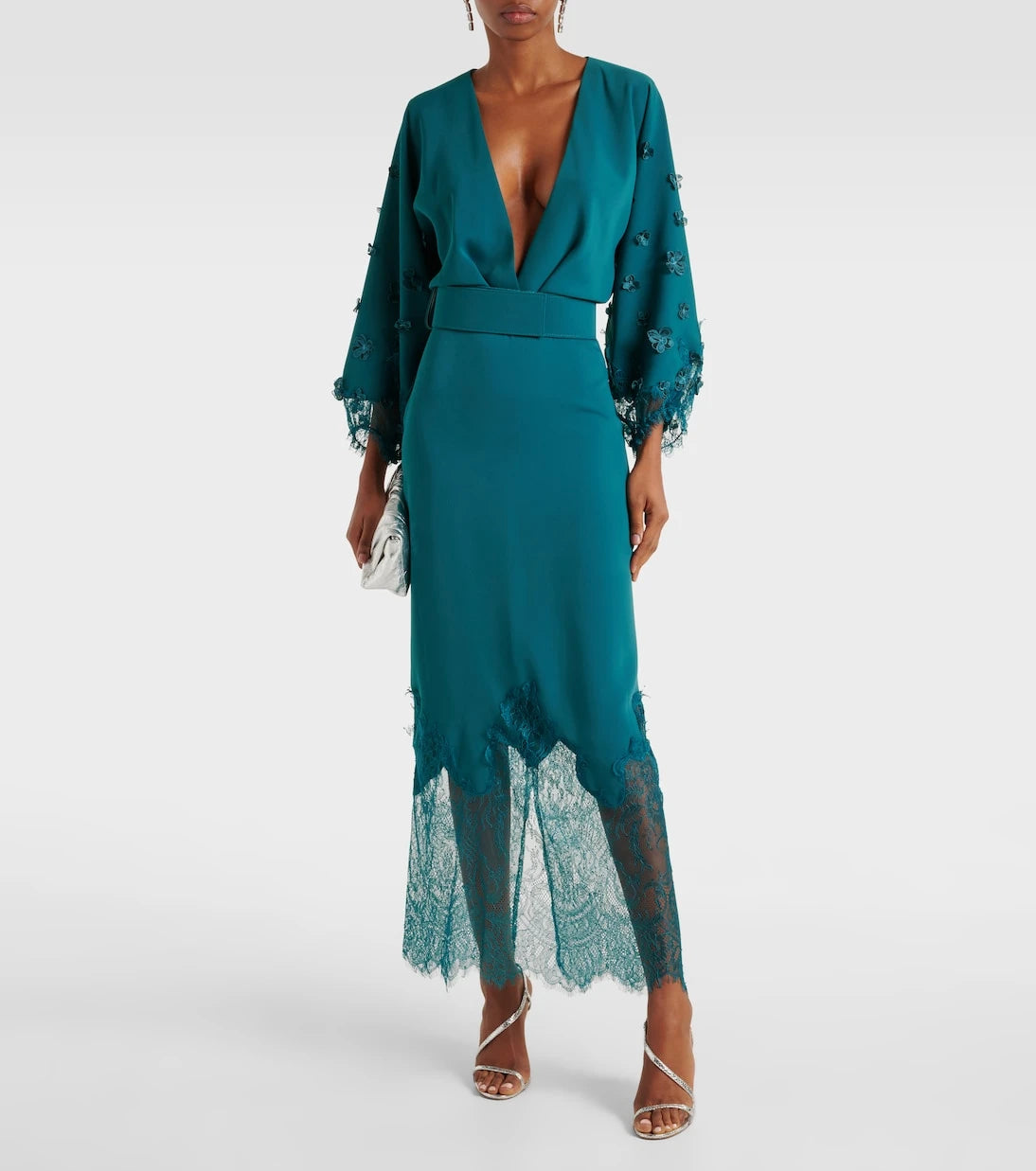 Costarellos - Lace-trimmed draped midi dress