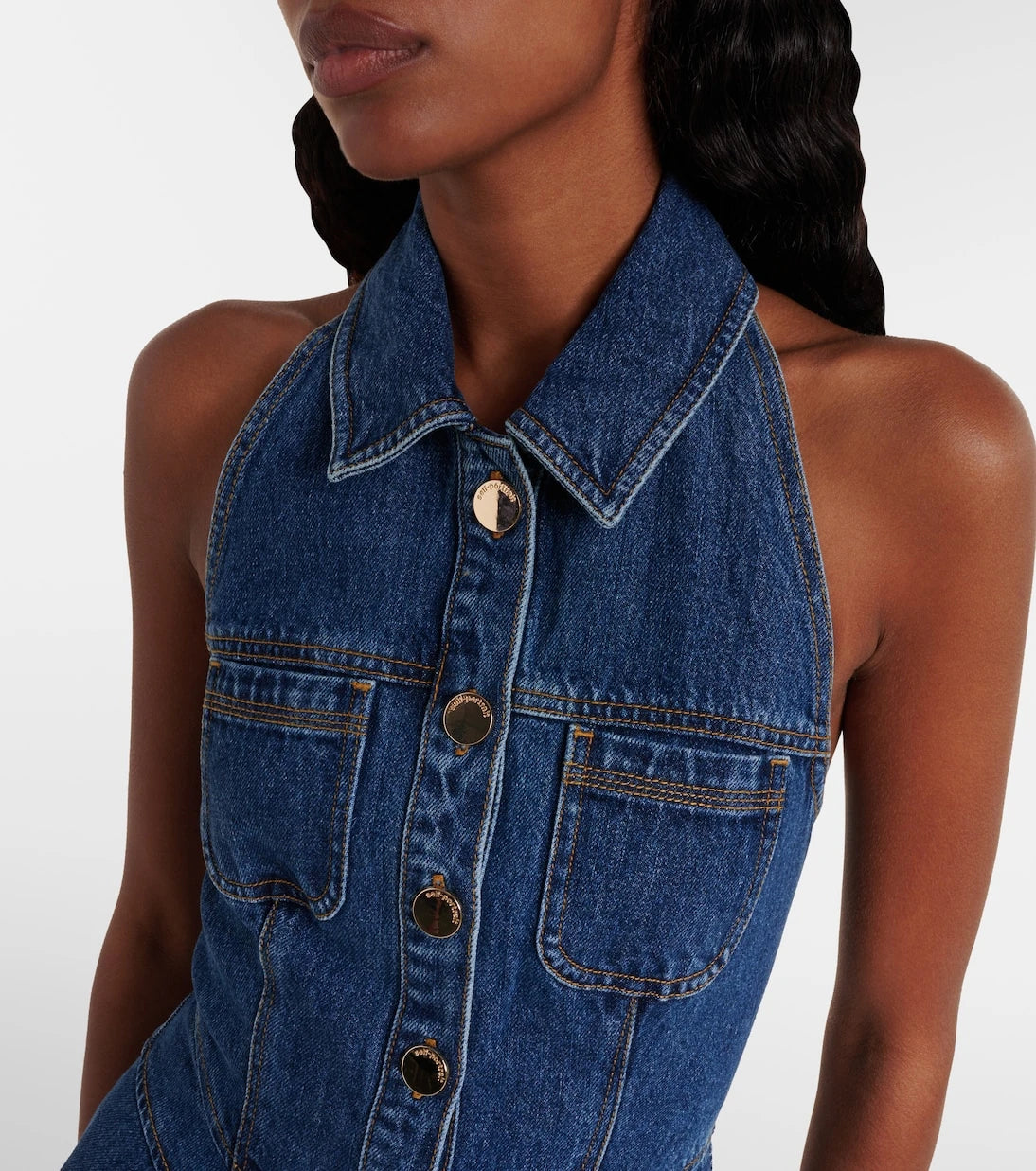 Self-Portrait - Flared denim midi dress