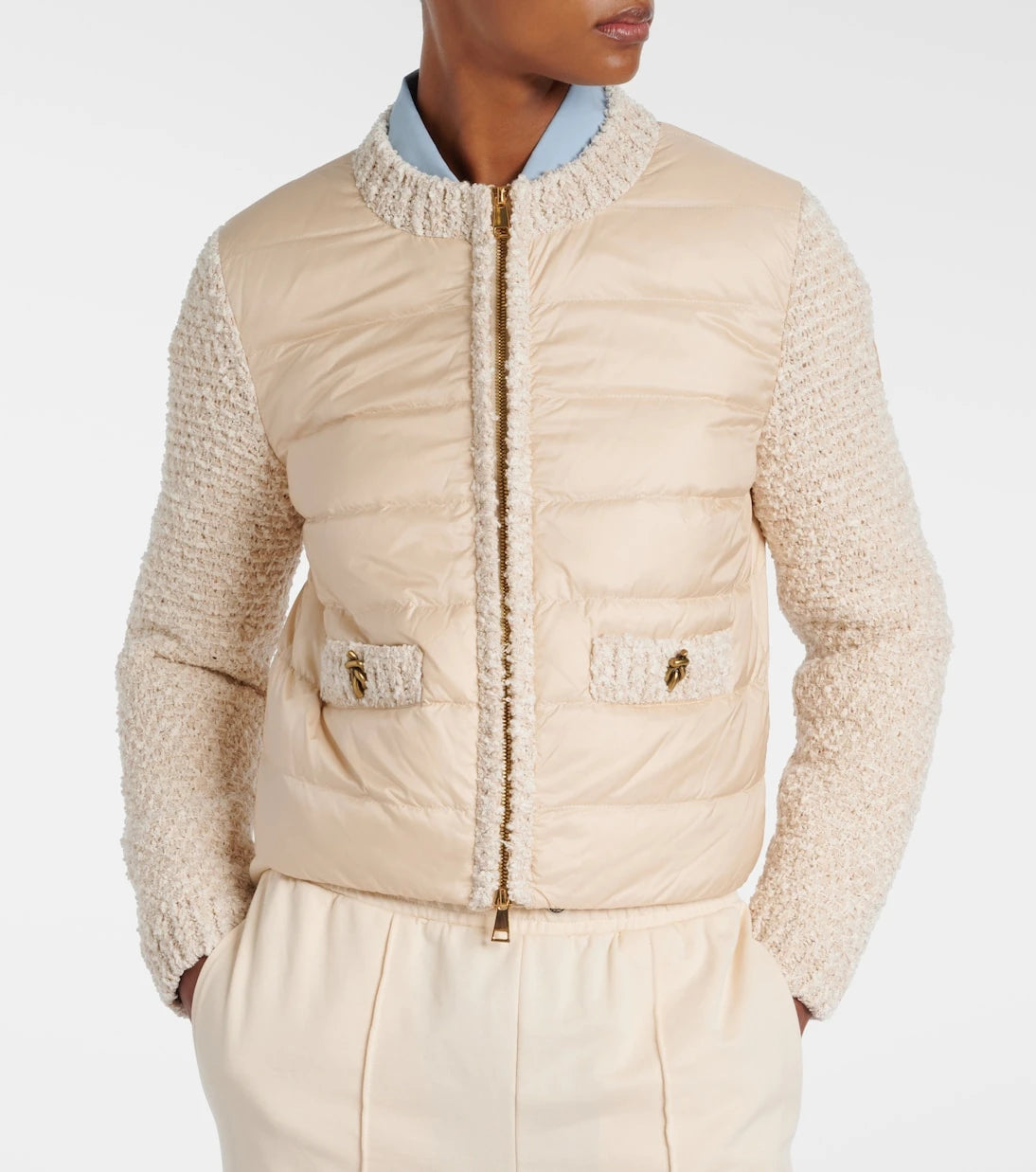 Moncler - Down-paneled bouclé-trimmed zip-up cardigan