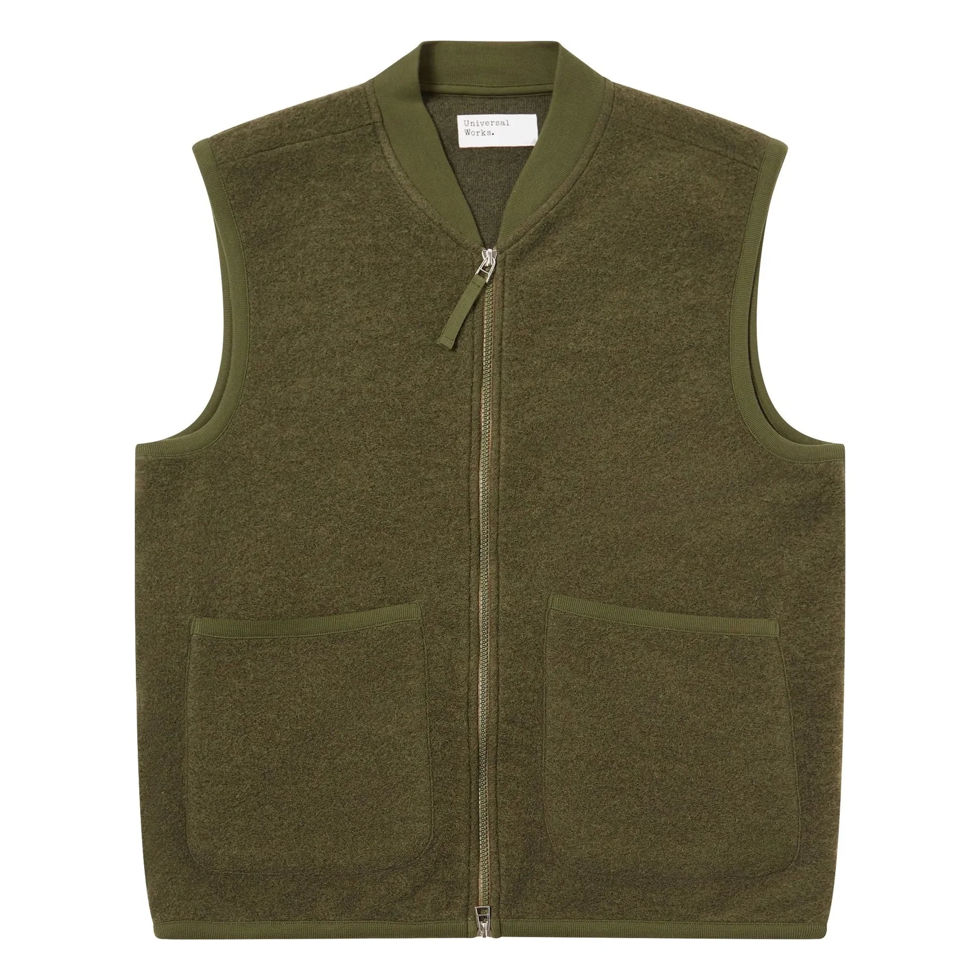 Universal Works - Zipped Sleeveless Wool Vest | Khaki