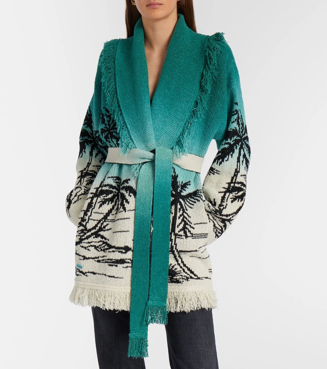 Alanui - Wave Bloom fringed cotton-blend jacquard cardigan