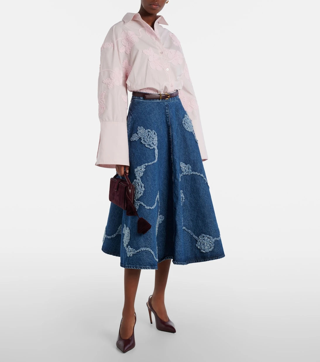 Rotate - Berty embroidered denim midi skirt