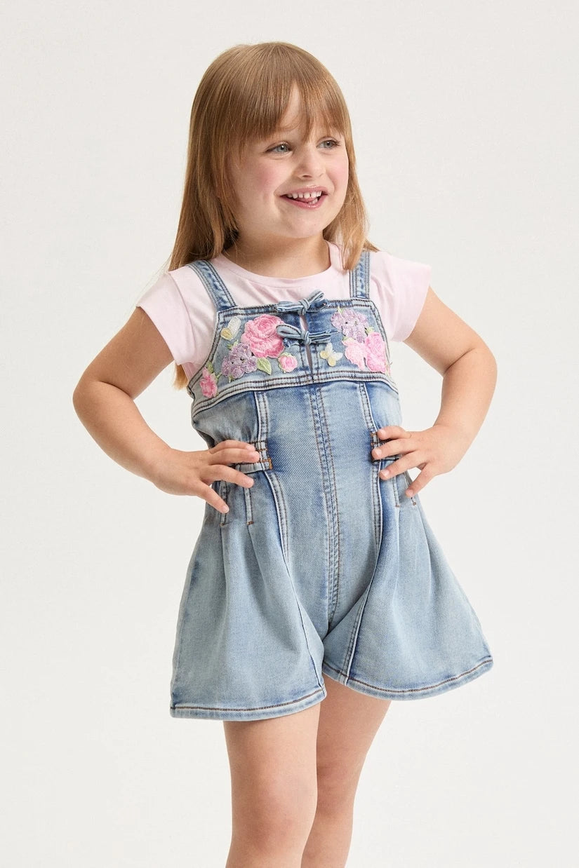 Monnalisa - Embroidered denim romper