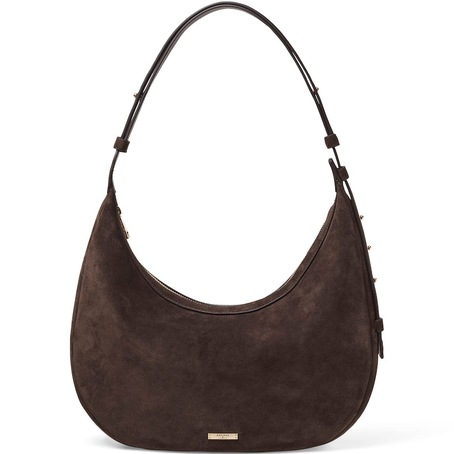 Aspinal Of London Brown Suede Hudson Crescent Cross-Body Bag