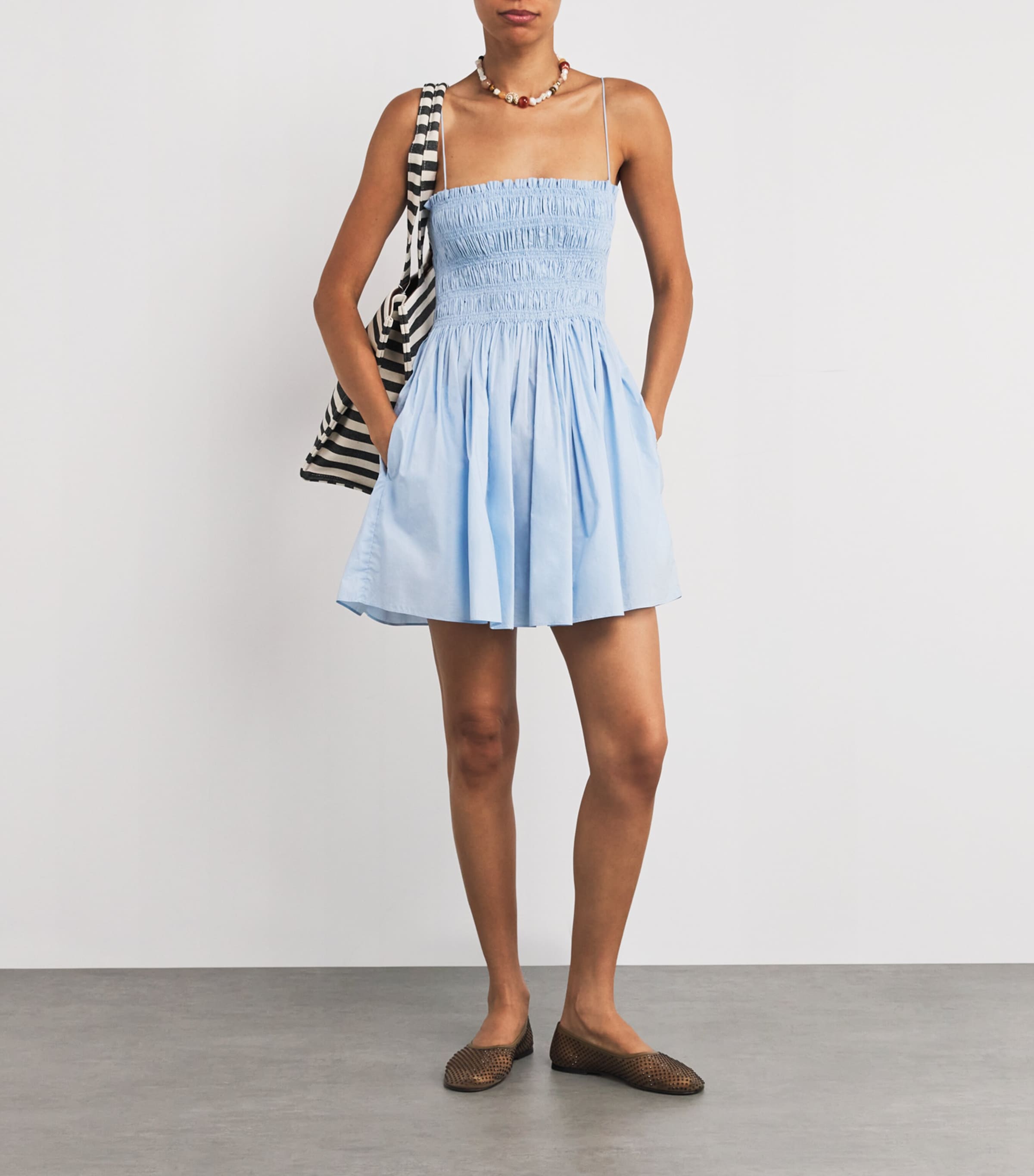 Matteau Blue Organic Cotton Shirred Mini Dress