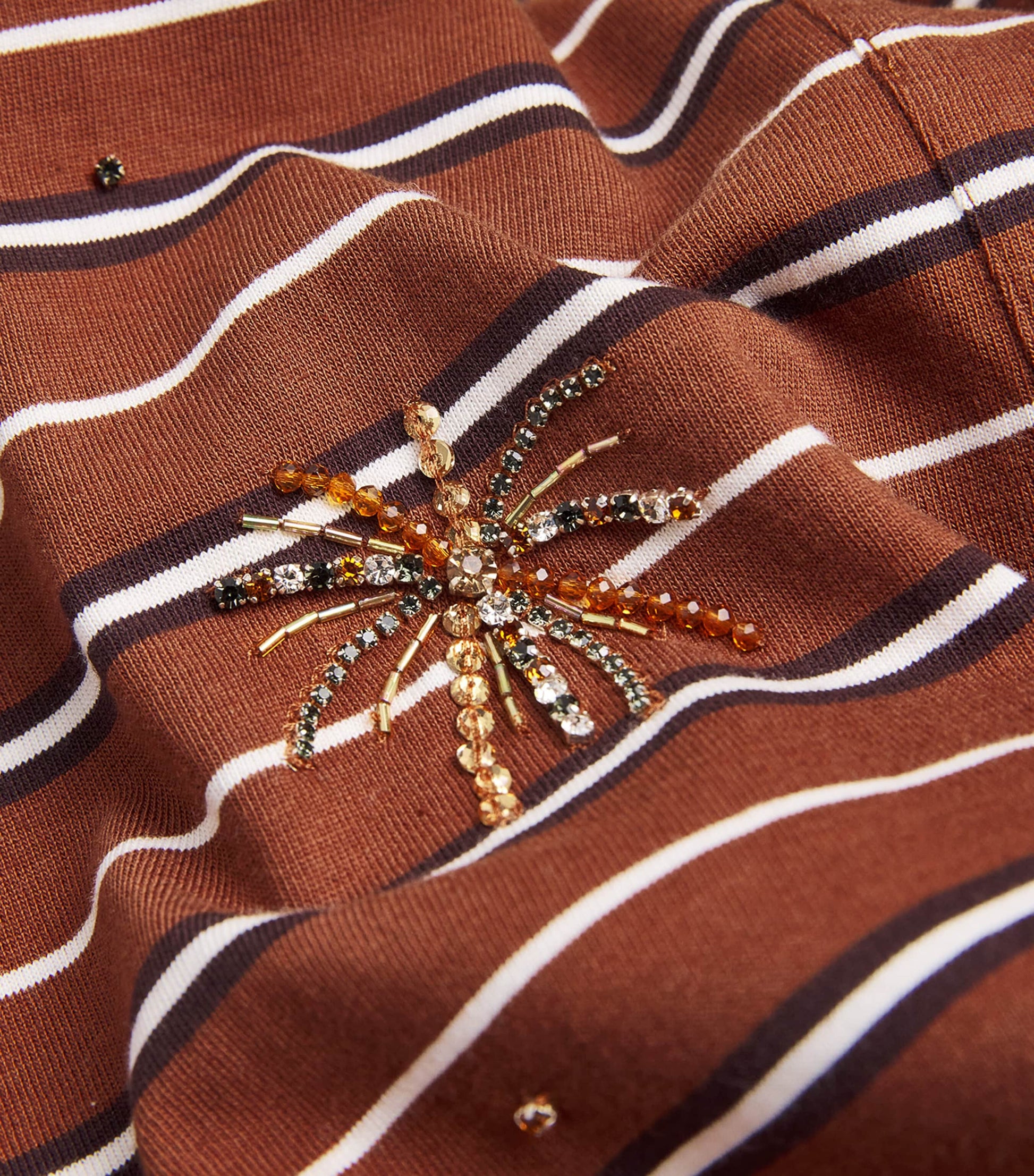 Brown Cotton Stripe Embellished Polo Shirt