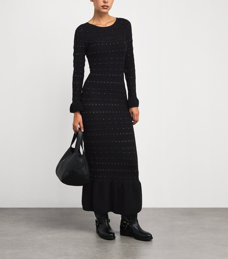 Rhinestone-Embellished Knitted Maxi Dress BLACK