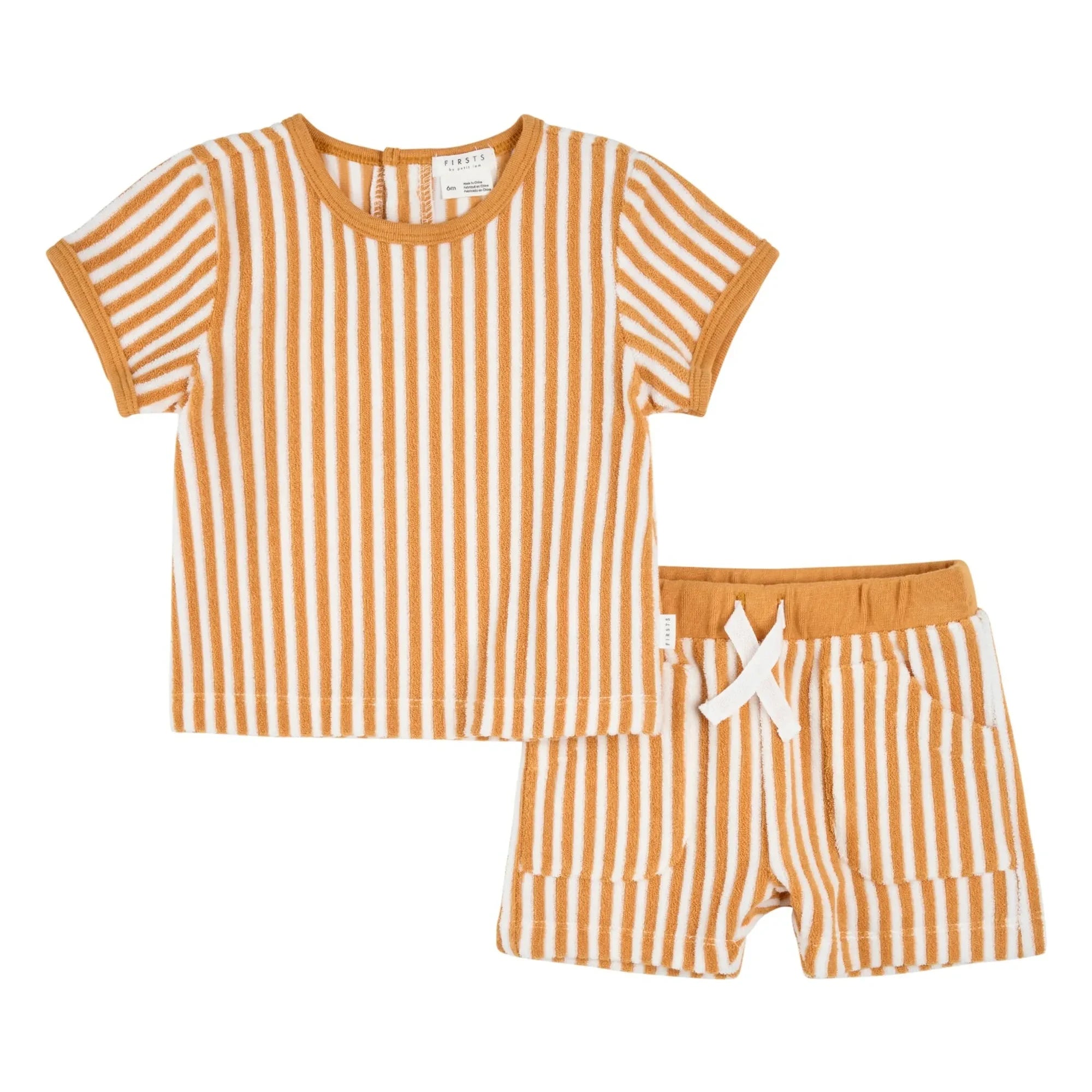Petit Lem - Organic cotton striped T-shirt and shorts set | Camel
