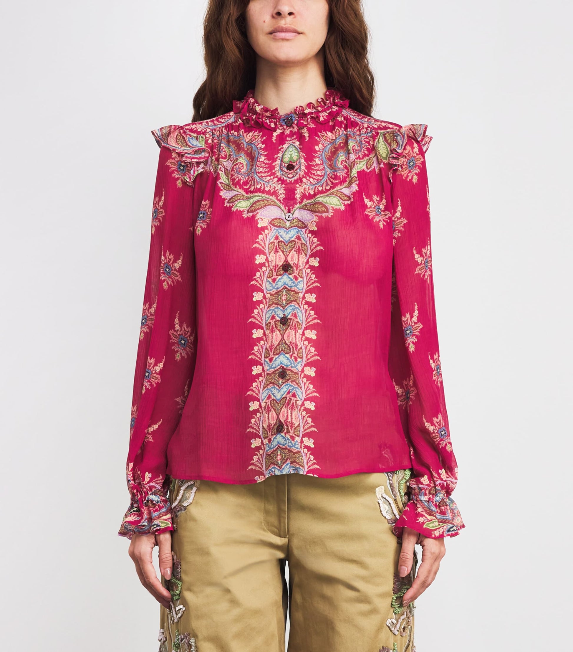 Red Ruffled Paisley Print Blouse