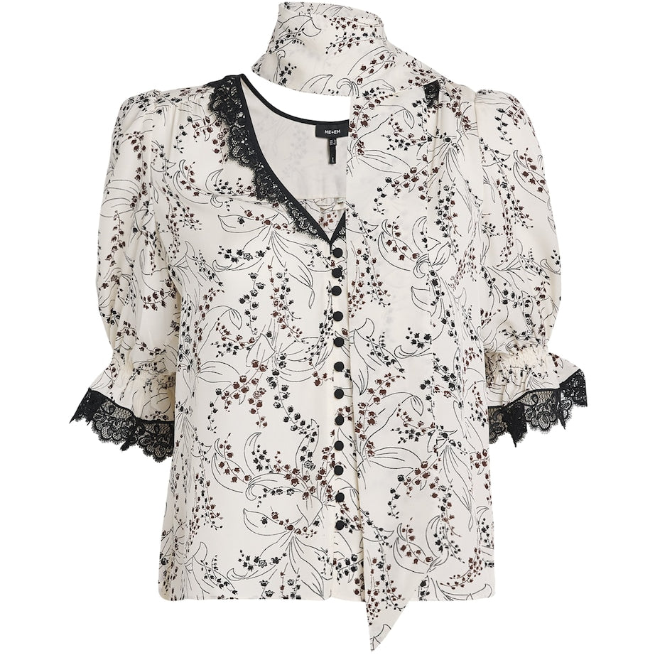 ME+EM Ivory Silk Printed Tie-Detail Blouse