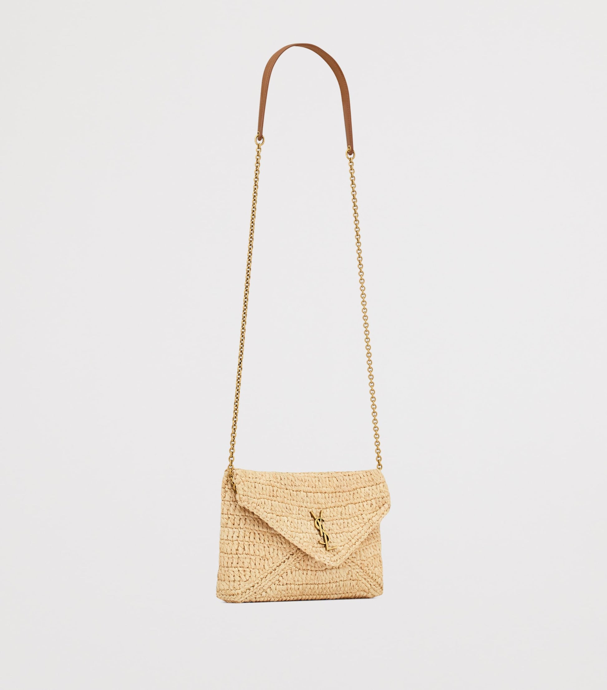 Saint Laurent Beige Raffia Cassandre Pouch on Chain