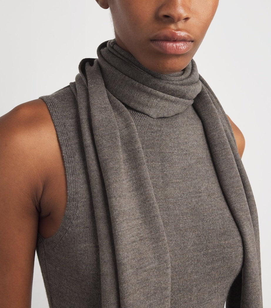 STAUD Brown Wool Scarf-Neck Canal Midi Dress