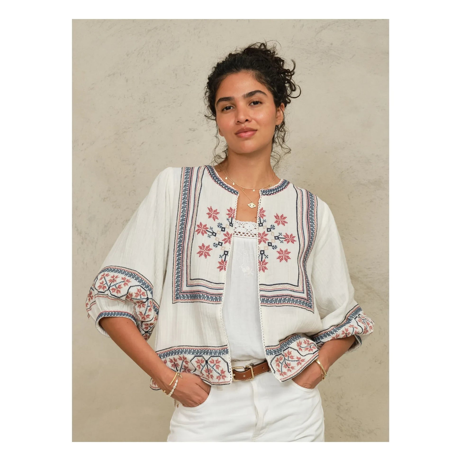 M.A.B.E. - Calista Cotton Embroidered Jacket | Ecru