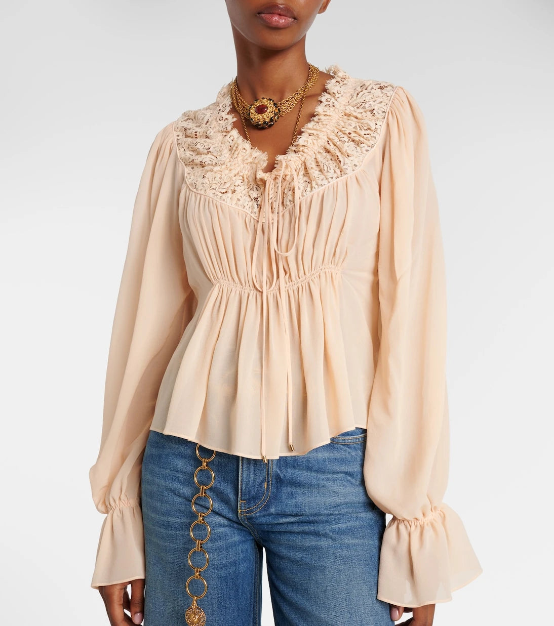 Chloé - Shirred cropped lace-trimmed silk blouse
