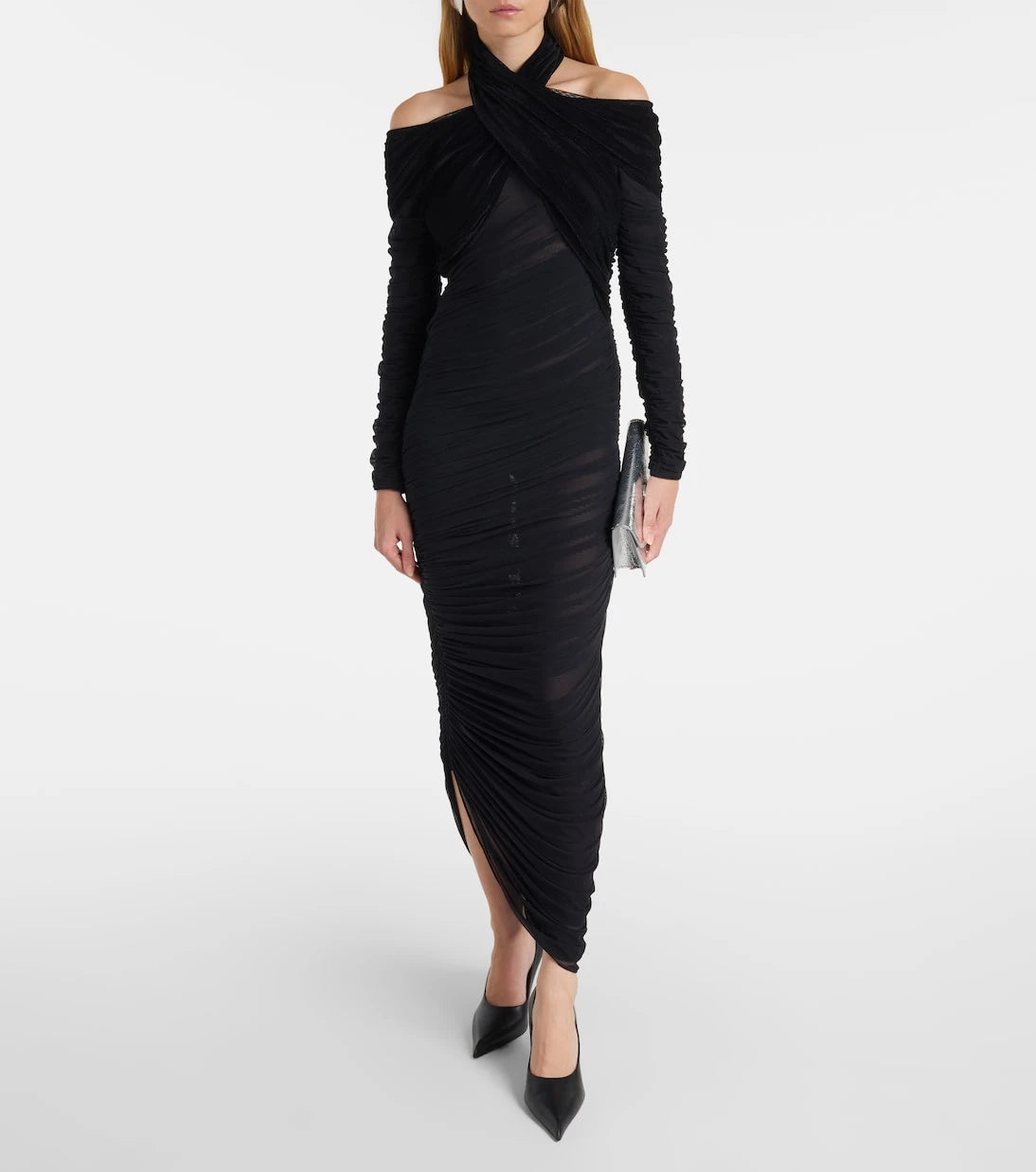 Mugler - فستان ماكسي من المخمل والشبك المنسدل