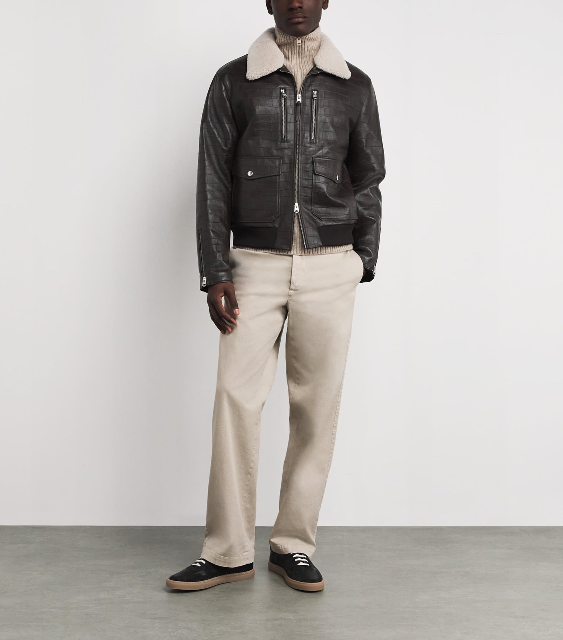 Mackage Brown Embossed-Leather Chance-NV Bomber Jacket