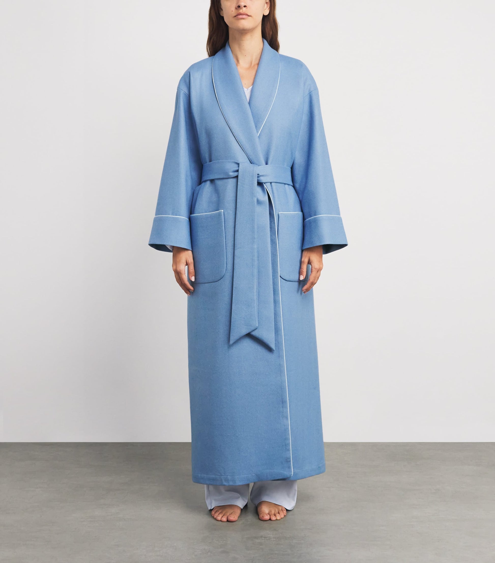 Blue Merino Wool Herringbone Dressing Gown