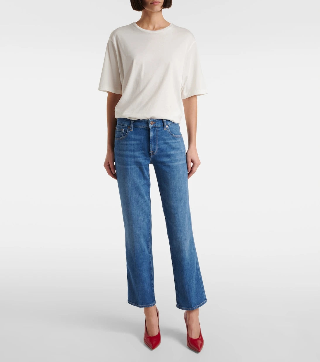 7 For All Mankind - بنطلون جينز كالي بقصّة مستقيمة وخصر متوسط الارتفاع