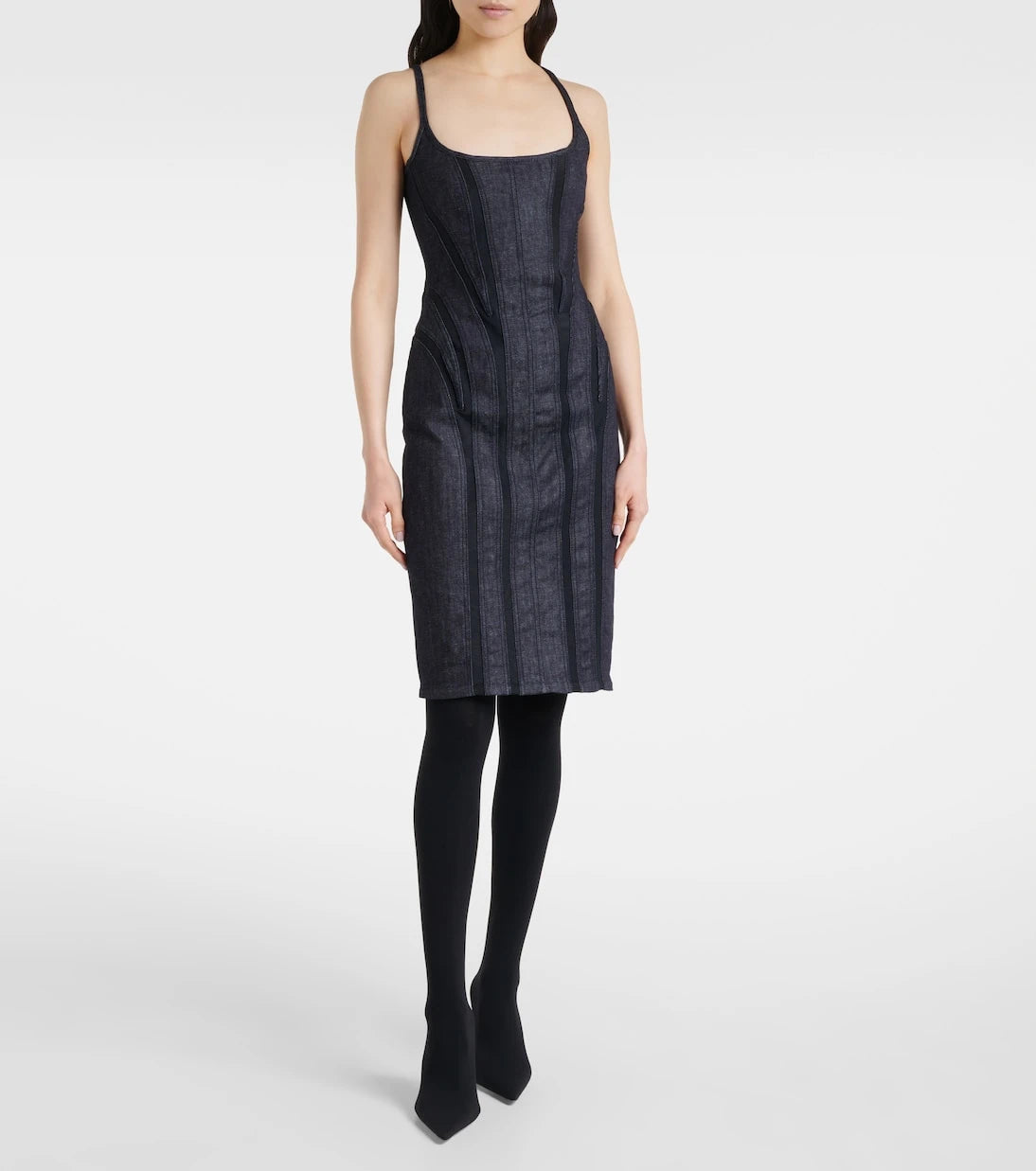 Mugler - Mesh-trimmed denim midi dress