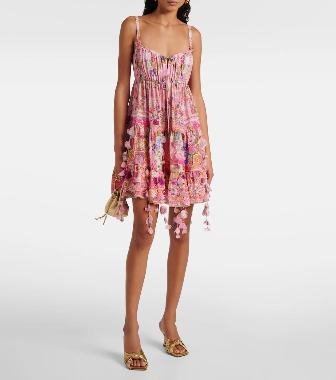 Camilla - Floral-appliqué gathered silk crêpe minidress
