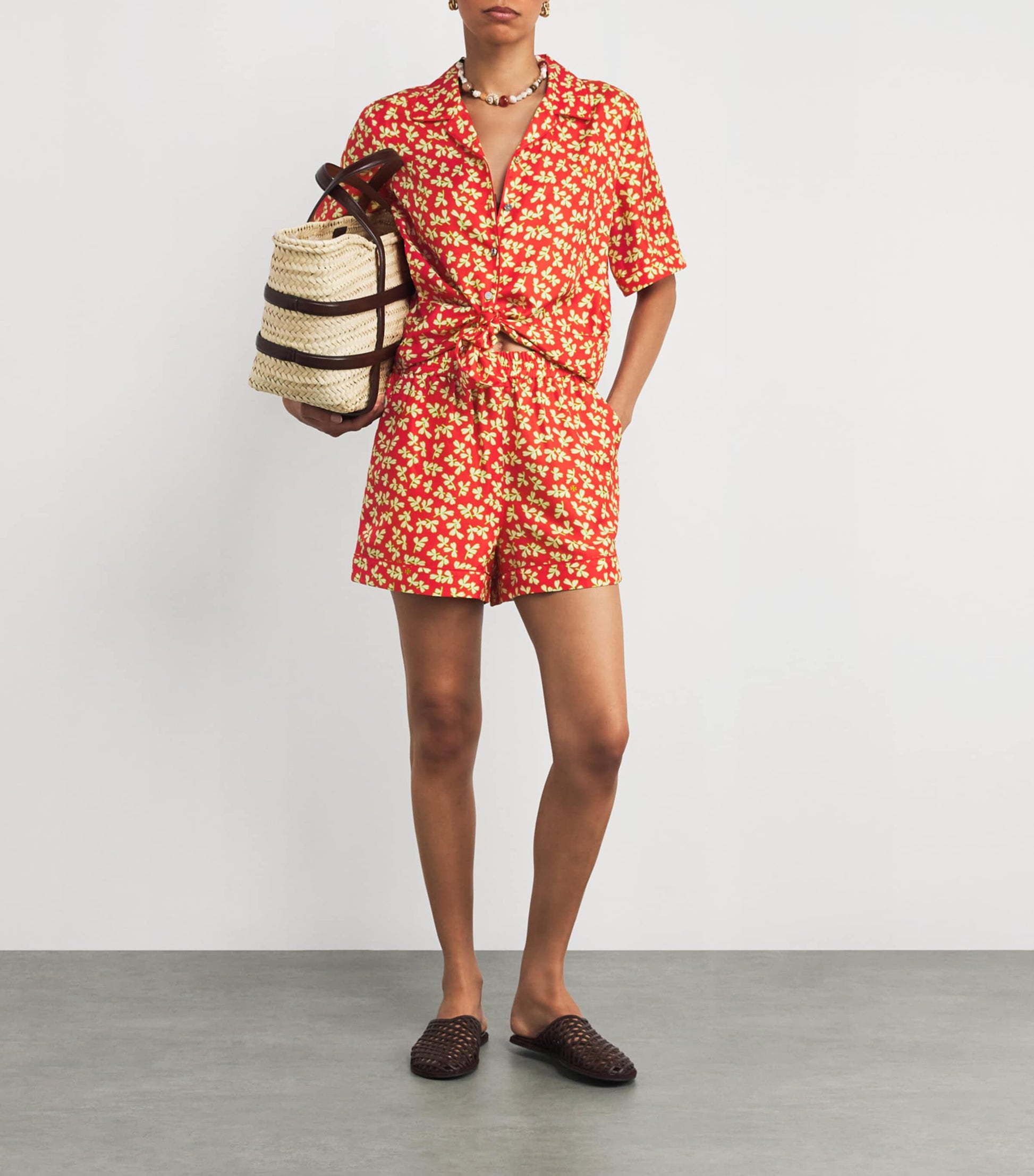 Silk Leaf Print Shorts RED LITTLE LEAVES