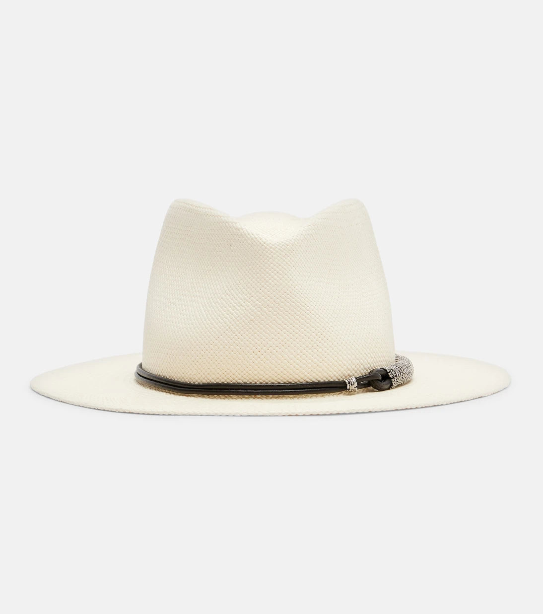 Brunello Cucinelli – Lederbesetzter Stroh-Fedora-Hut