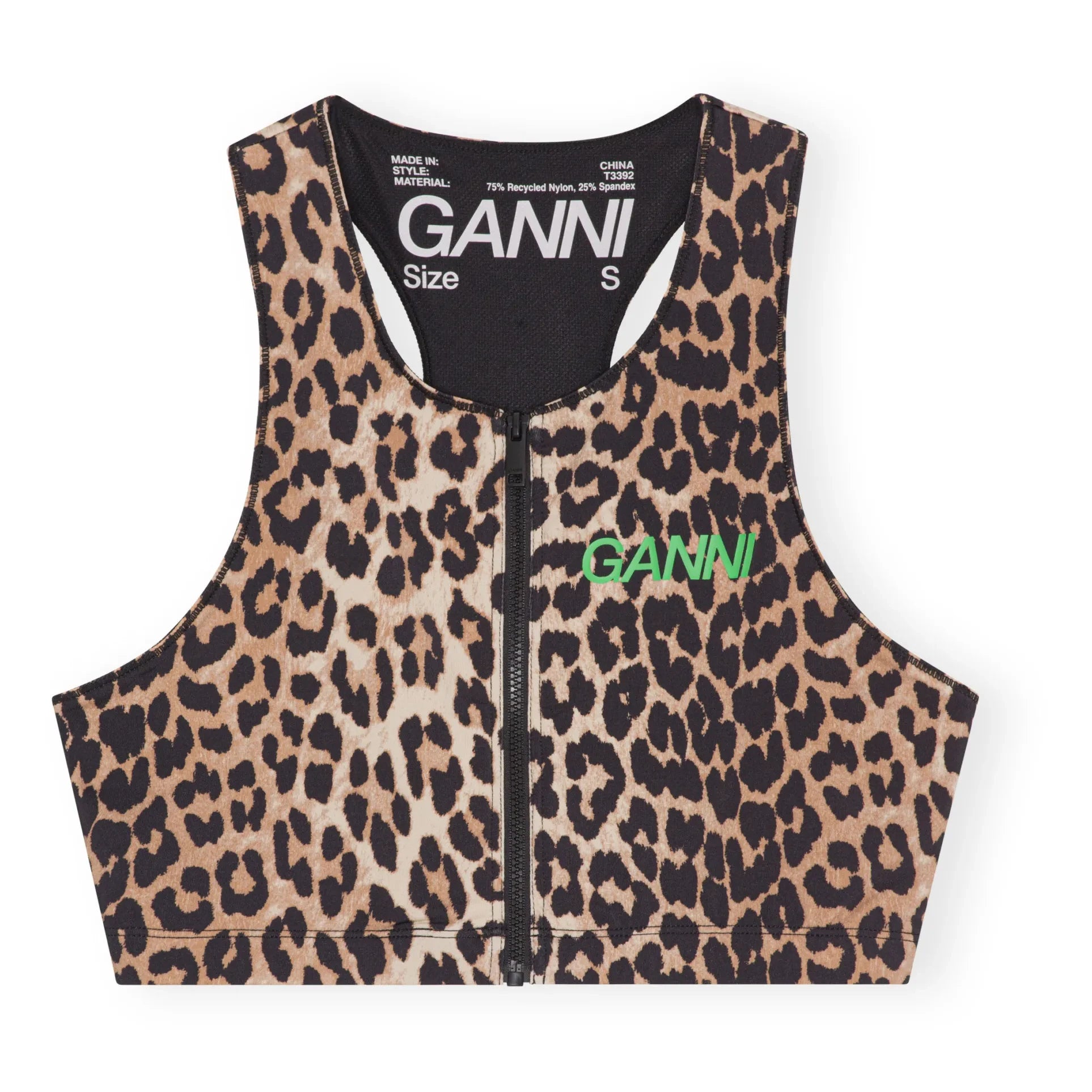 Ganni - Active Recycled Material Zip-up Printed Racer Back Bra | Leopard