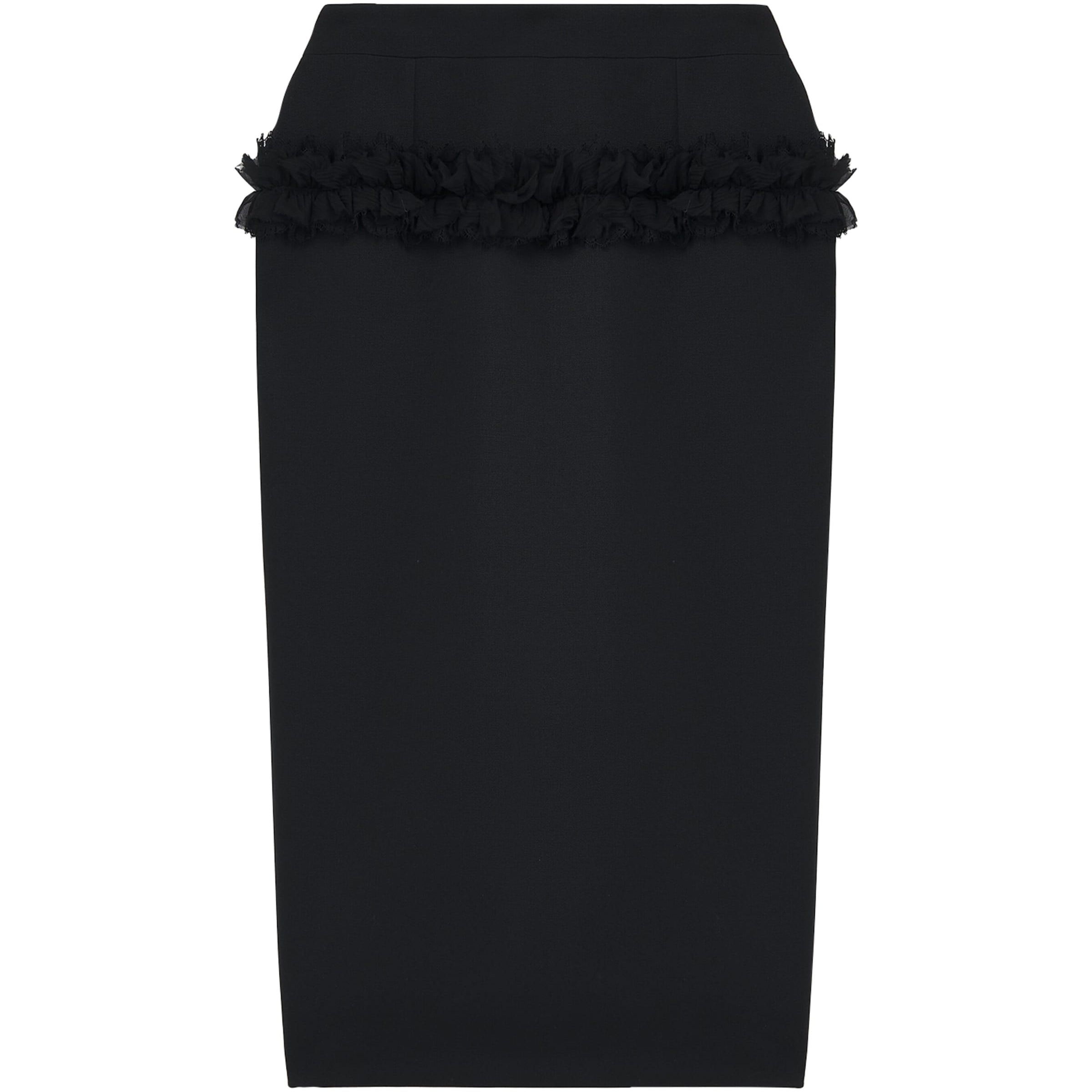 McQueen Black Wool Ruffle Midi Pencil Skirt