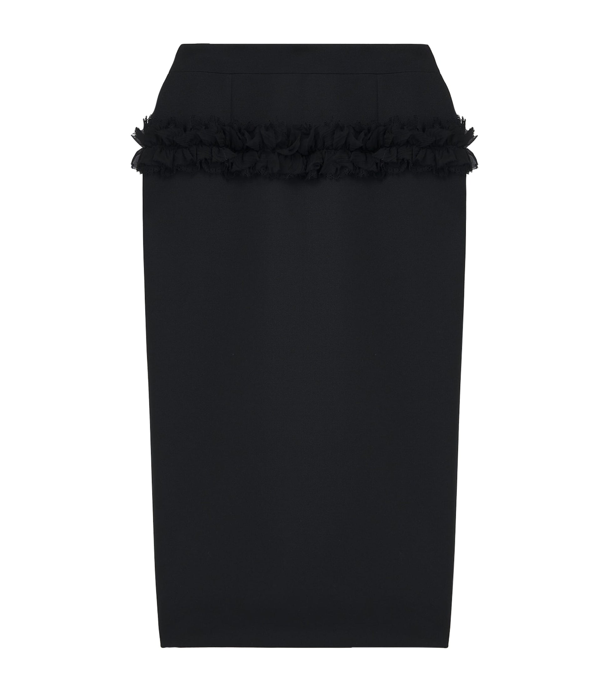 McQueen Black Wool Ruffle Midi Pencil Skirt