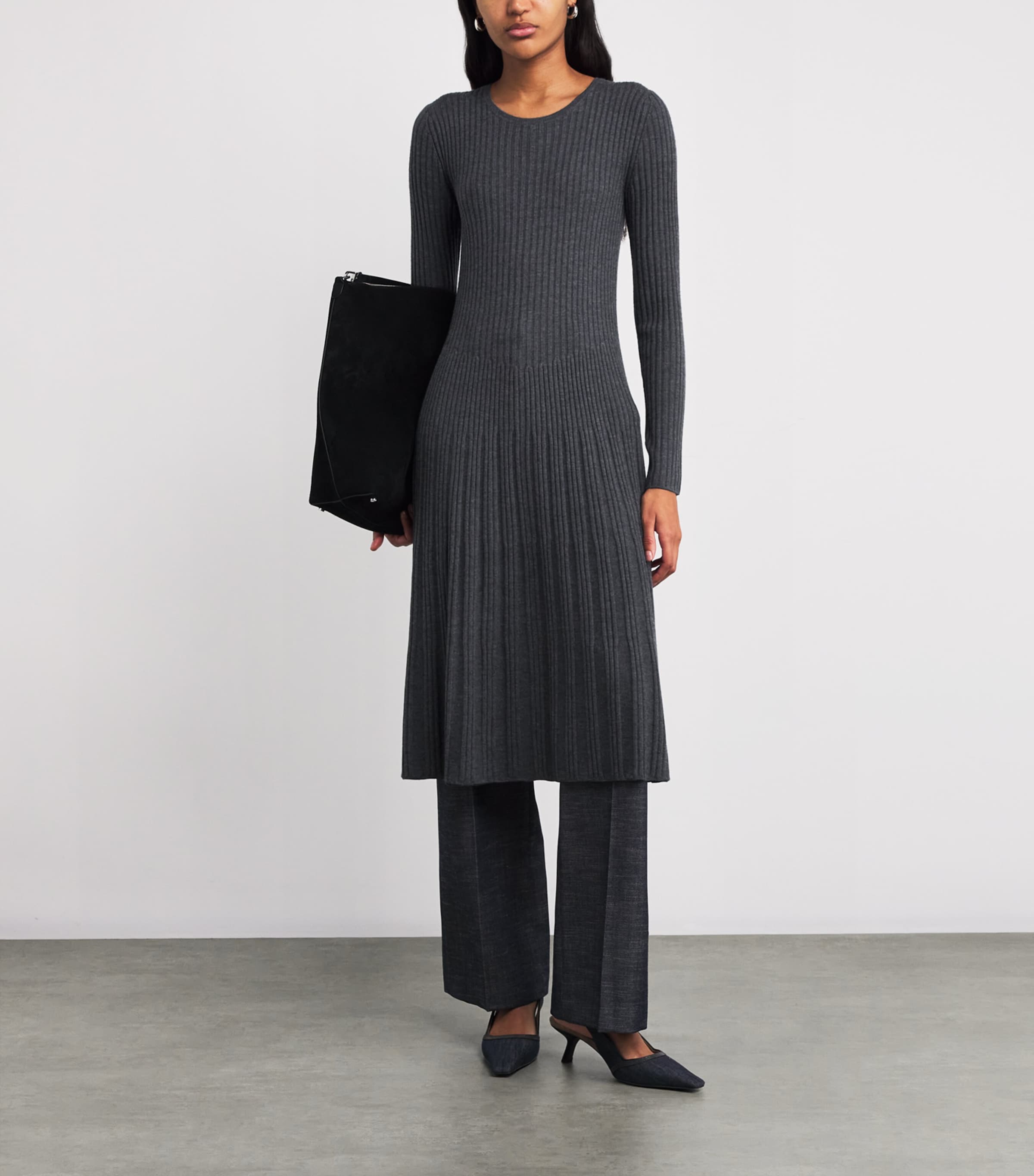 Joseph Merino Wool Ribbed Midi Dress - Smoke