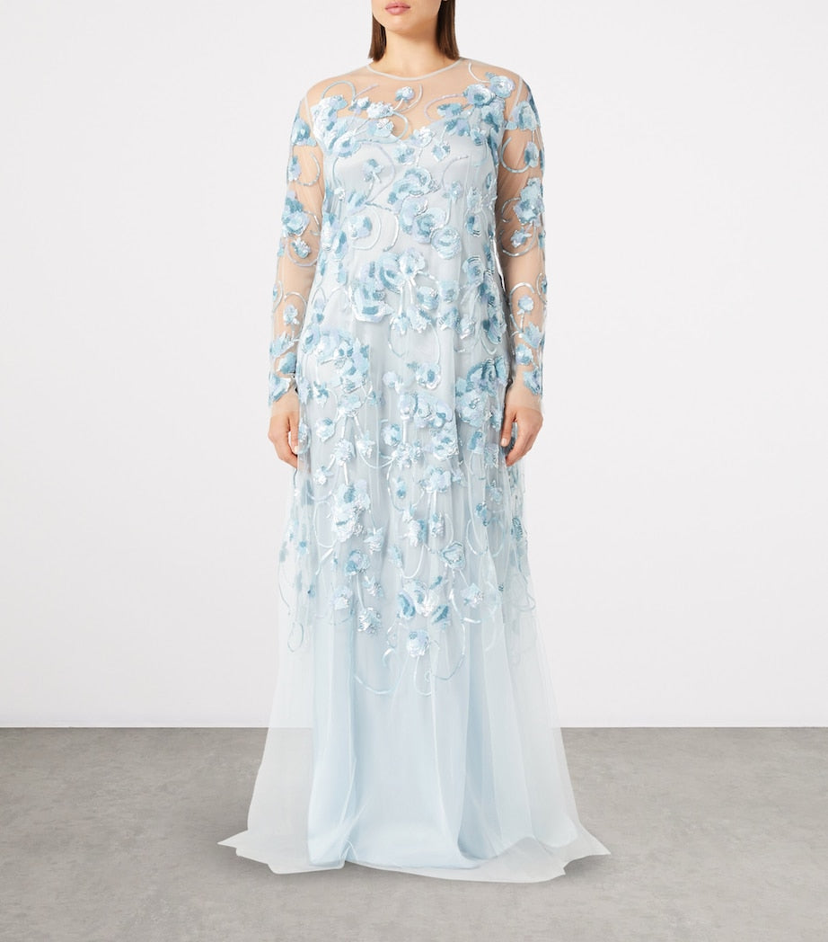 Marina Rinaldi Blue Sequin-Embellished Mesh Dress