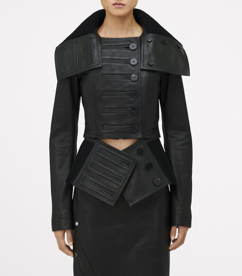 Black Exaggerated Buttonhole Leather Jacket
