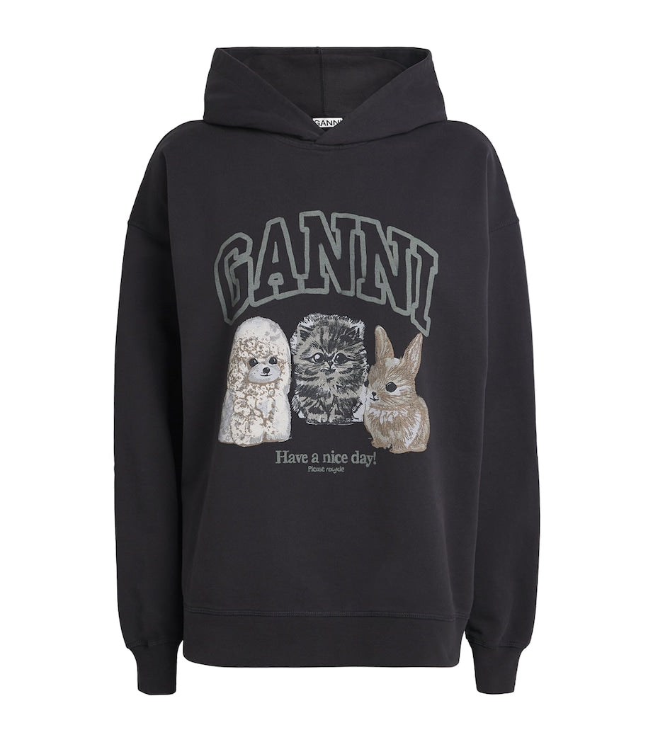 GANNI Black Organic Cotton Animal Hoodie